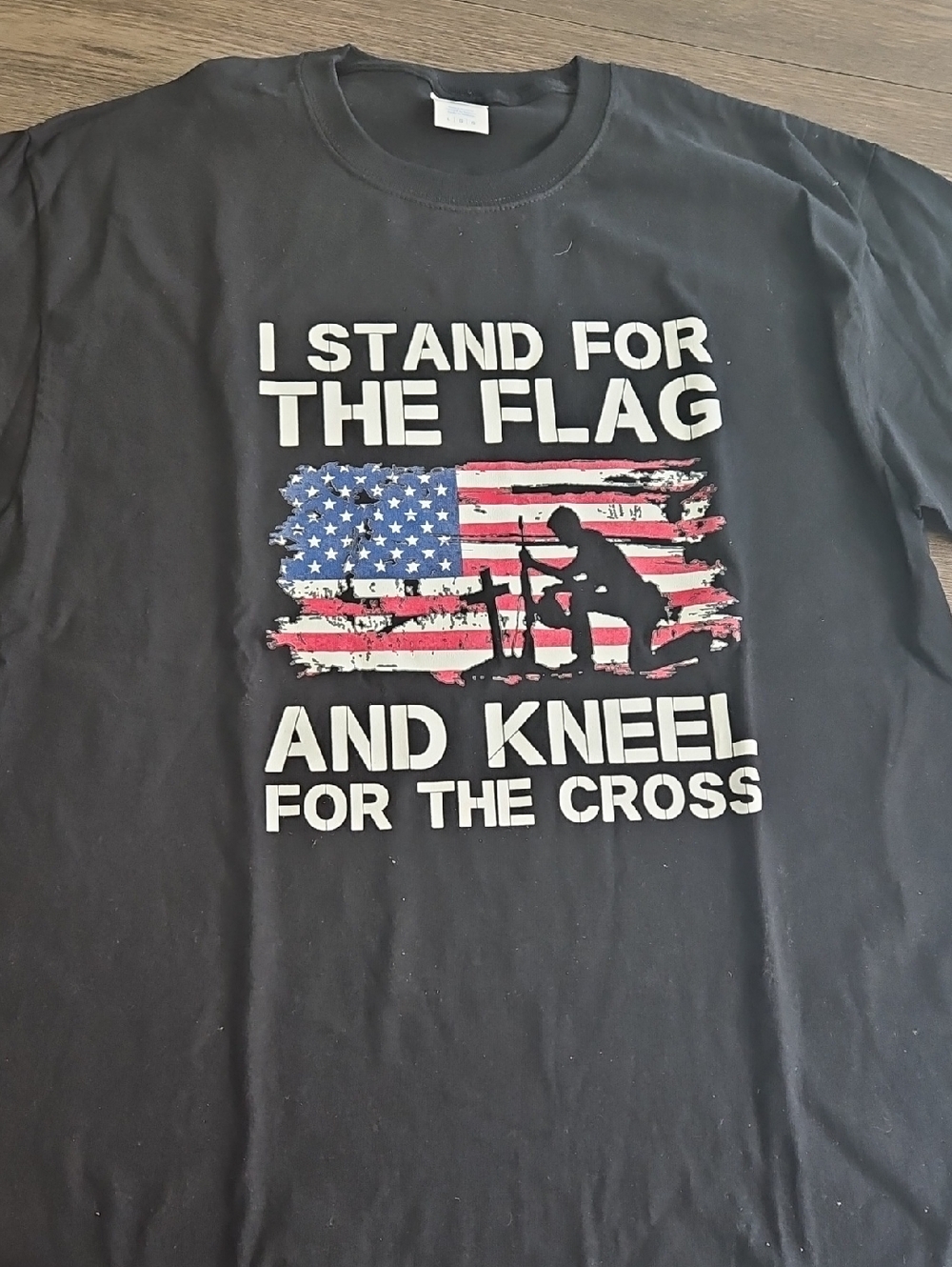 Black Graphic Tee - Patriotic Flag & Cross Design